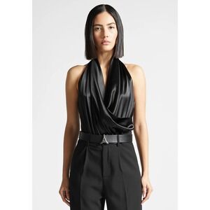 MANIERE DE VOIR COWL NECK SATIN WRAP BODYSUIT
